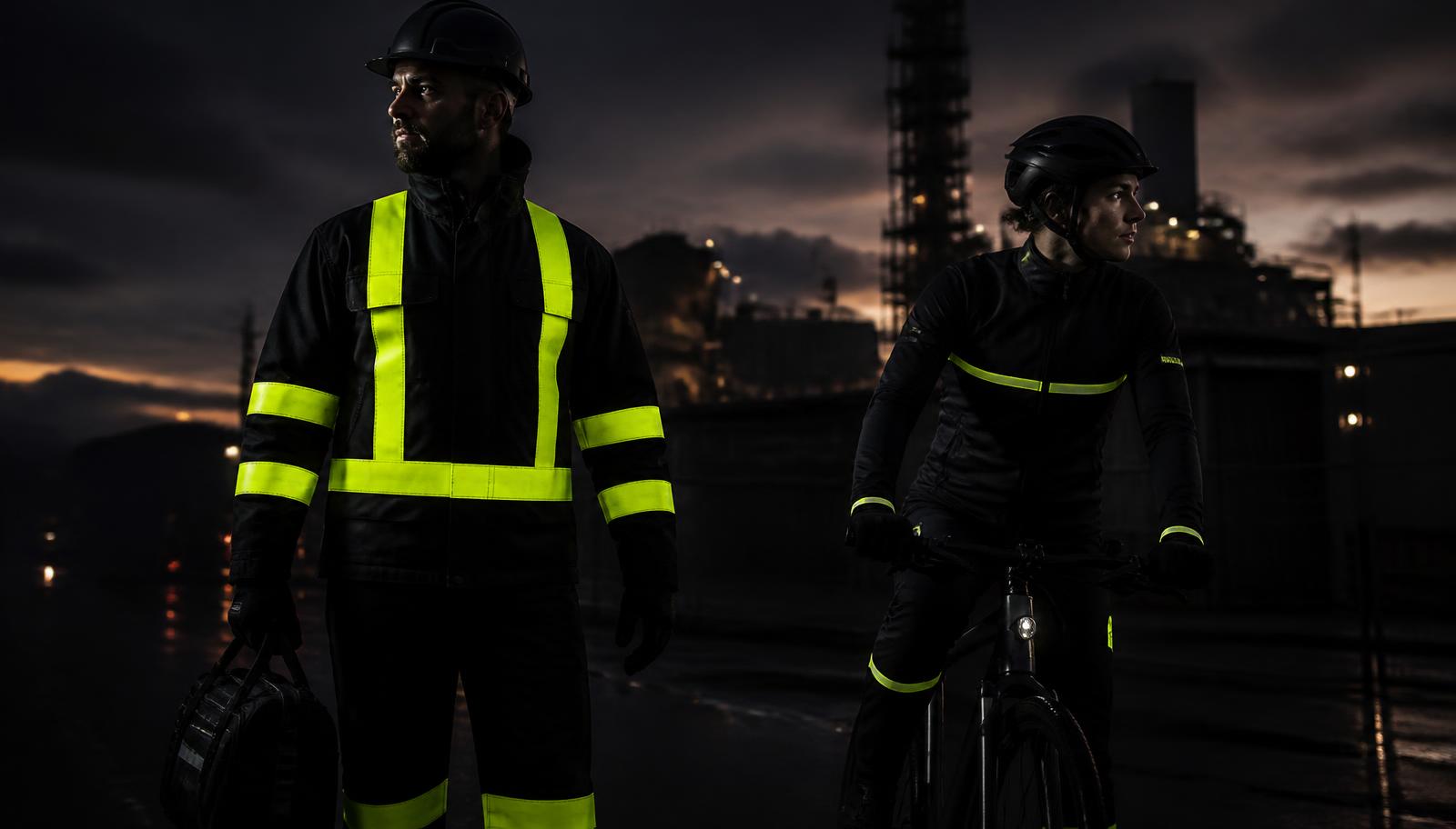 Trabajador industrial y ciclista con bandas reflectantes al anochecer
